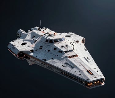 A cinematic wide shot of a futuristic starship docking at a station. Dramatic rim lighting using #E0E8F0 against a deep #1A202C space background. High technical fidelity and cinematic composition.