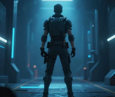 A gameplay screenshot showing a character standing in a dimly lit corridor with dynamic blue glowing lights (#A7BCCB). High-quality shadows and particle effects visible. Sophisticated sci-fi atmosphere.
