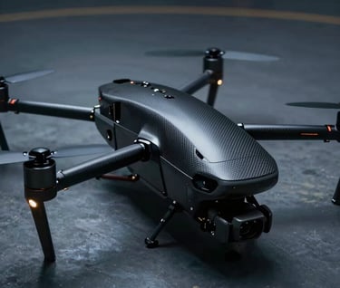 A sleek, professional heavy-lift drone sitting on a landing pad, ready for flight. The lighting is low-key and dramatic, highlighting the carbon fiber textures. Colors include deep shadows in #1B263B and cool metallic accents in #A0B0C0.
