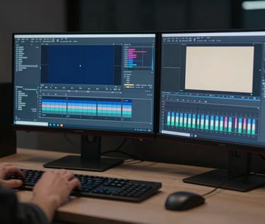 A professional editing bay in a dimly lit studio, with dual monitors displaying advanced color grading software on 4K footage. Sophisticated, precision mood. Incorporating #1B263B, #415A77, #A0B0C0, #E0E1DD.
