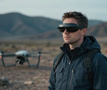 Behind-the-scenes shot of a drone pilot wearing FPV goggles, standing in a rugged landscape. The image uses a cinematic shallow depth of field, highlighting the pilot's concentration. Colors lean towards #415A77 and #1B263B.