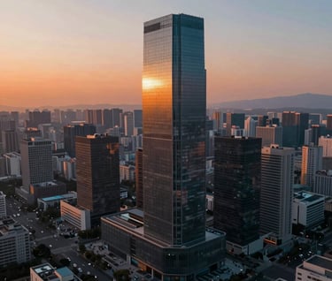 Aerial 4K view of a futuristic architectural building in a city, sharp lines, sunset lighting with soft orange and deep #1B263B shadows, drone perspective, ultra-high resolution texture.