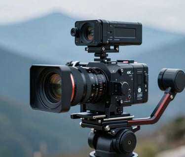 A technical close-up of a high-end 4K cinema camera mounted on a stabilized drone gimbal. The focus is sharp on the lens and mechanical components, with a background of blurred blue mountains (#415A77). The look is professional and cutting-edge.
