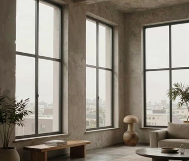 Atmospheric shot of a modern Latinoamericano / Hispano loft with large windows, soft diffused light, decorated with organic materials and earthy tones like taupe and off-white.