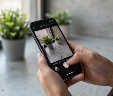 Detalle artístico de manos sosteniendo un smartphone de última generación mostrando un feed estético, fondo de concreto pulido y plantas verdes, iluminación natural de oficina creativa.