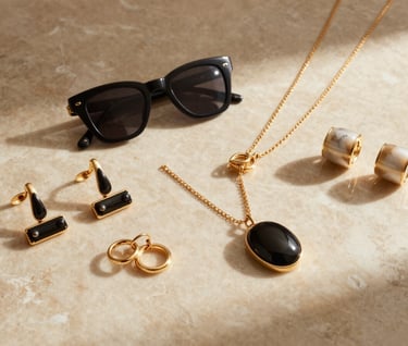 Primer plano detallado de accesorios de moda de alta gama sobre una superficie de mármol, en tonos arena y beige, iluminado por una luz de mañana cálida y clara, estilo latinoamericano contemporáneo.