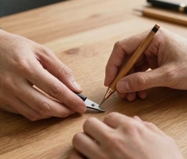 Detail shot of hands interacting with creative tools on a wooden table, soft shadows, warm atmosphere, authentic lifestyle photography.