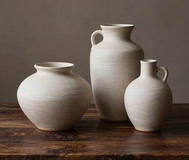 Minimalist composition featuring handmade ceramic vessels on a dark wooden surface. The scene is lit by soft side light, casting long shadows. Muted taupe and eggshell white color palette, sophisticated Latinoamericano aesthetic.
