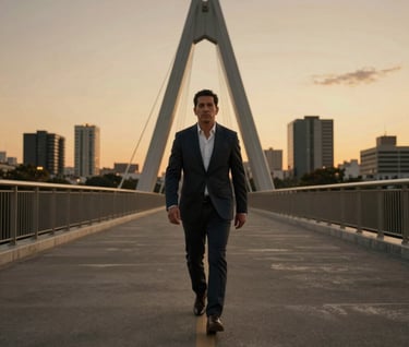 A wide shot of a Latinoamericano / Hispano person walking across a modern bridge with a cityscape background at dusk. The lighting is warm and golden. Sophisticated and aspirational mood with dark charcoal and taupe tones.