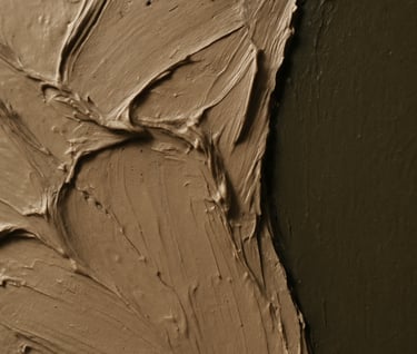 A detailed close-up shot of an abstract painting, focusing on a section of heavy impasto. The photo captures the thick, physical ridges of muted taupe paint meeting a sharp edge of olive charcoal. Subtle shadows from soft side-lighting emphasize the three-dimensional quality of the paint.