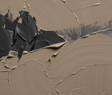 An extreme close-up of a landscape painting's surface. Visible thick impasto brushstrokes in warm taupe and dark charcoal. Professional studio lighting creates subtle highlights on the ridges of the paint.
