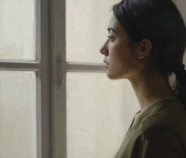 A high-end photograph of a figurative painting depicting a profile view of a person looking out a window. The palette consists of sophisticated off-white and deep charcoal shadows, with a touch of muted olive in the clothing. The style is minimalist and elegant.
