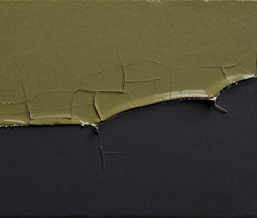 A macro photograph of a painting's surface, showing the intricate crackle and layering of thin glazes of olive charcoal over a solid deep charcoal base. The style is minimalist and clean, highlighting the artist's technical precision.