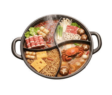 Vibrant overhead view of bubbling hotpots with fresh meats, vegetables, and dipping sauces on a dining table.