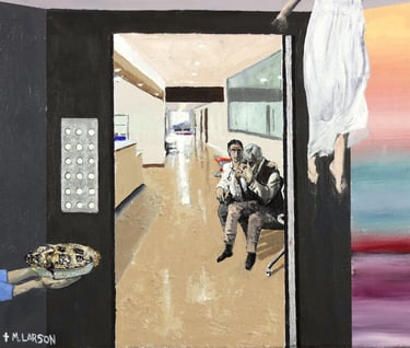 Christian inspired art - hospital with a doctor comforting a man as a women floats toward heaven.