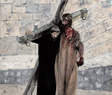 Christian inspired art - Simon helping Jesus carry the cross