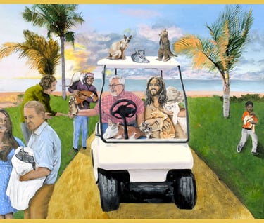 Christian inspired art. Jesus and Saint Dan in a golf cart returning cats to people in heaven.
