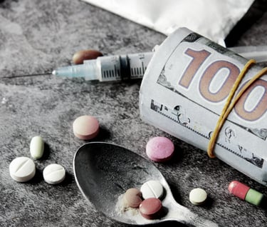 a spoon has tablets and a syringe and a bundle of cash