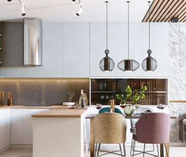 a kitchen with two chairs
