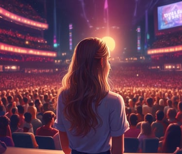 a woman standing in front of a large crowd of people