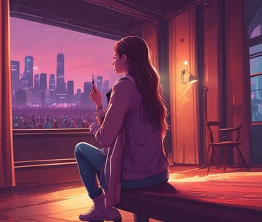 a woman sitting on a bench looking out over a city