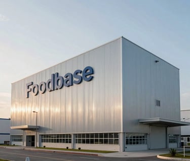 Cinematic wide shot of a modern industrial facility for Foodbase in Brazil. Clean lines, minimalist architecture, soft morning light hitting the steel surfaces, sophisticated corporate photography style.