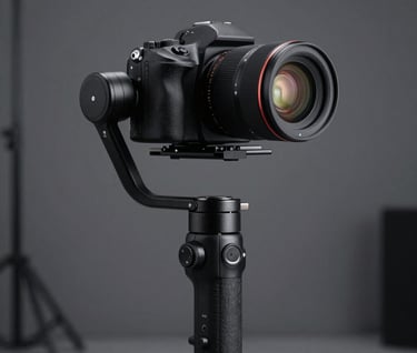 Minimalist close-up of a high-tech camera stabilizer and lens during a shoot in a sleek Brazilian industrial setting. Clean lines, dark grey and black palette, professional photography equipment aesthetic.