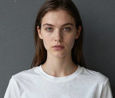 Portrait of a model in minimalist attire against a textured dark gray wall, sharp focus on eyes, creative studio lighting, professional fashion style.