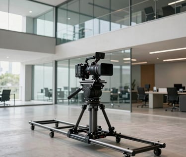 A creative wide shot of a professional camera rig on tracks inside a modern office building in Brazil. Minimalist glass and concrete architecture, sharp contrast, professional filmmaking gear.