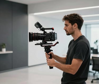 A professional filmmaker with a gimbal and high-end camera filming in a sleek, minimalist corporate lobby in South America. Dark grey and white tones, creative and dynamic composition, high-end professional production.