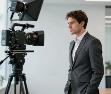 A professional corporate video production set in a modern Brazilian office. A clean setup with professional lights and a subject in a dark gray suit. High-end, minimalist aesthetic, light gray background.