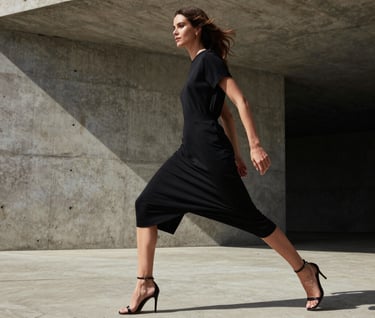 High-end fashion editorial shot in a modern Brazilian concrete environment. Dynamic movement, minimalist styling, professional studio lighting mixed with natural light. Focus on textures and high visual impact.