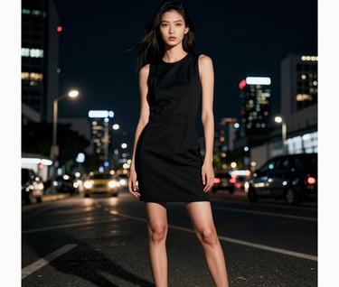 Wide shot of a fashion editorial at night, city lights blurred in background, high contrast, cinematic urban atmosphere in a South American metropolis.