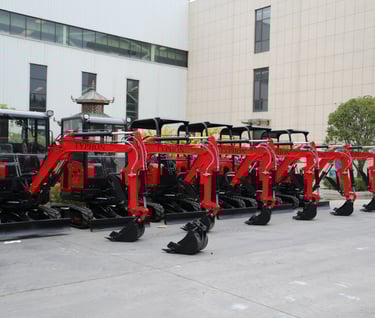 mini excavators in rows