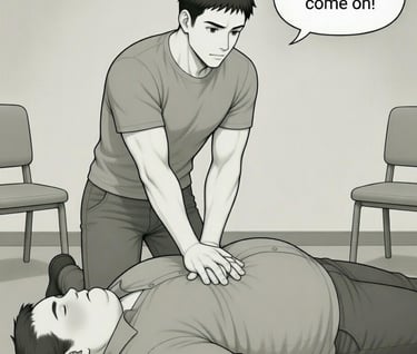 cartoon male doing cpr on male laying on floor