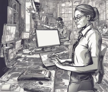 a woman in a white shirt and glasses is working on a laptop