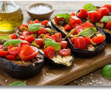 Ricetta semplici e genuina - Bruschetta di Melanzane con pomodorini, olive e capperi