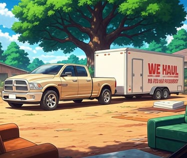 A tan pickup truck towing a white enclosed cargo trailer parked on a yard for moving services.