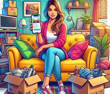 Woman sitting on a sofa using a mobile app to manage moving boxes and home decluttering.