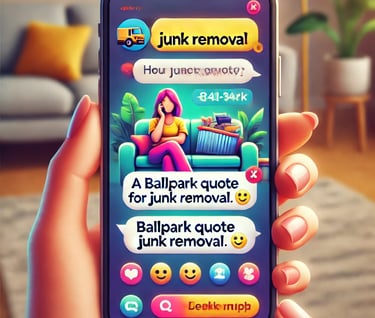 Hand holding a smartphone showing a junk removal app interface with ballpark quotes and service icons.