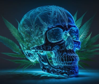 a skull head with marijuana leaves on it