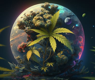 a view of earth from space with a cannabis leaf in front