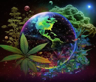a globe with a cannabis leaf in the middle of it