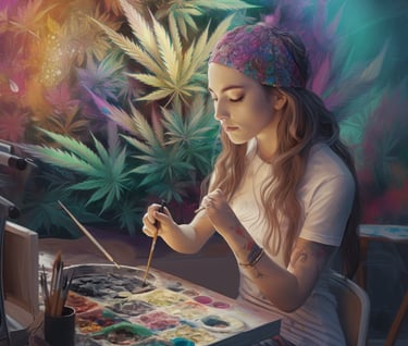 woman painting cannabis on canvas ai art