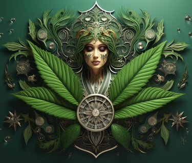 a woman with a green leafy cannabis headdress