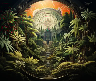 a painting of a clock in a circular window with cannabis plants