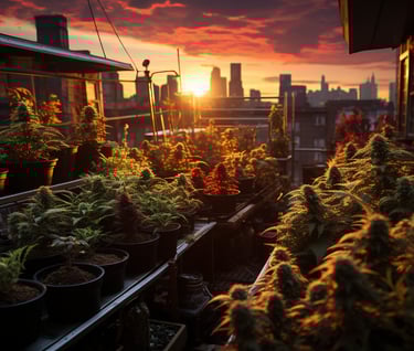 rooftop weed garden at sunset