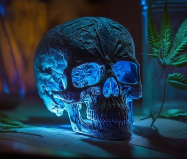 a skull head with a marijuana leaf in the background