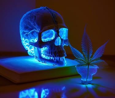 a skull head with a marijuana leaf in the foreground