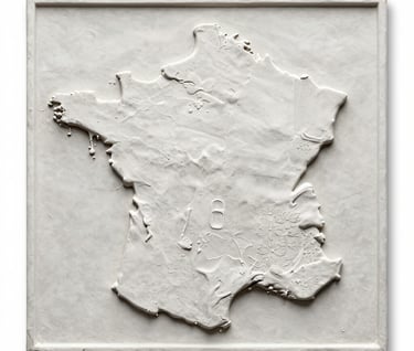 A monochromatic white 3D textured relief map of France with artistic imprints and floral details.